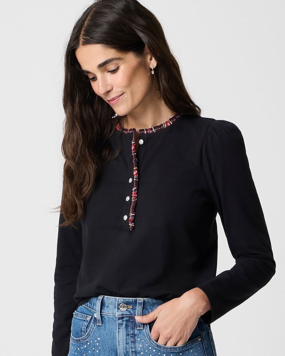 J. Crew Long-sleeve Tartan and Jewels Henley Top Ruffled Casual Womens Medium